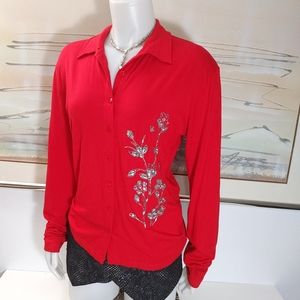 Entracte Long Sleeve Blouse Red Embellished Sz 3